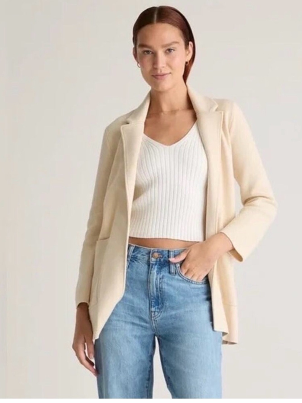 QUINCE 100% Organic Cotton Knit Open Sweater Blazer in Alabaster Cream Size XS